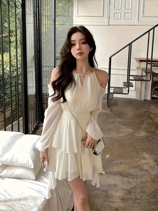 Women's Elegant French Chic Long Sleeve Dress - Flattering A-Line Silhouette, Machine Washable Formal & Everyday Outfit