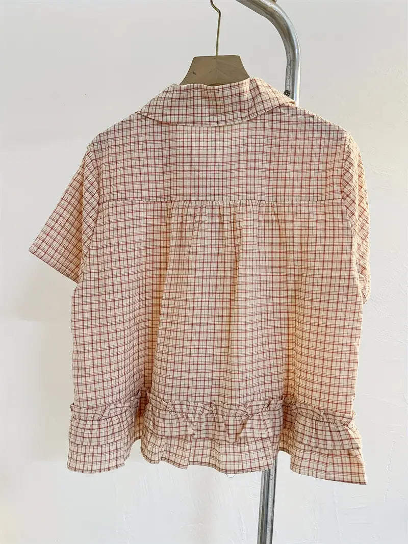 Elegant Women's Red Plaid Short Sleeve Blouse | Loose Fit Button-Up Shirt with Ruffled Hem - Casual Summer Top
