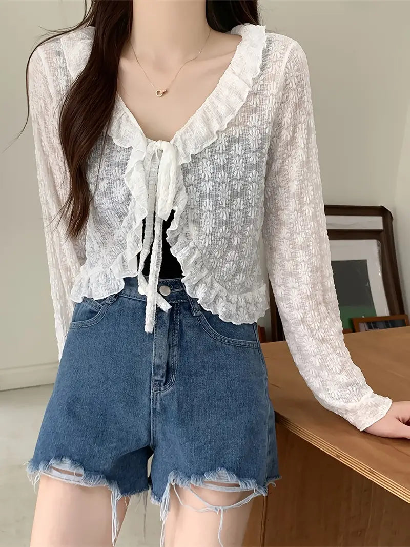 Lightweight Breathable Solid Color Shawl Short Lace Cardigan | Women's Top with Tie and Ruffle Design, Perfect for Spring/Summer Outings or Casual Wear