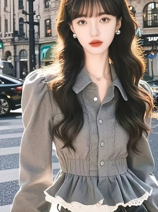 Elegant Long Sleeve Blouse with Lace Trim & Button Details - Versatile Ruffle Trim Top, Solid Color, All-Season Wear for Women, Versatile Fashion | Ruffle Trim Top | Classic Collar Blouse