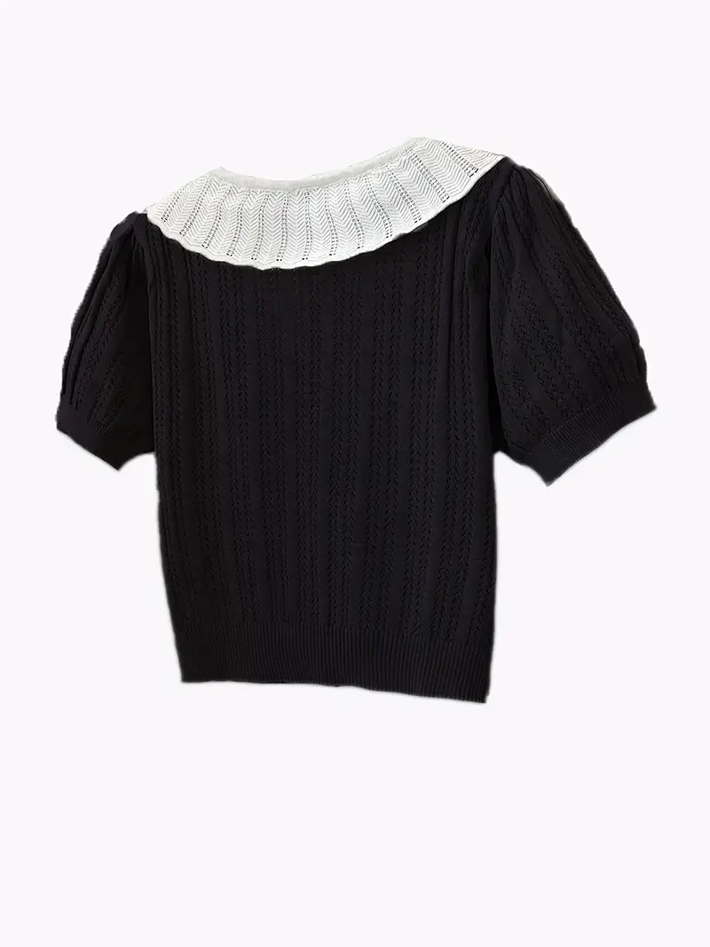 Women'S Sweet Style Crochet Cardigan Top with Ruffled Collar & Bow Detail - Black Short Sleeve Button-Up Blouse, Casual Summer Outfit, Non-Stretch Fabric, Regular Fit, Crochet Blouse