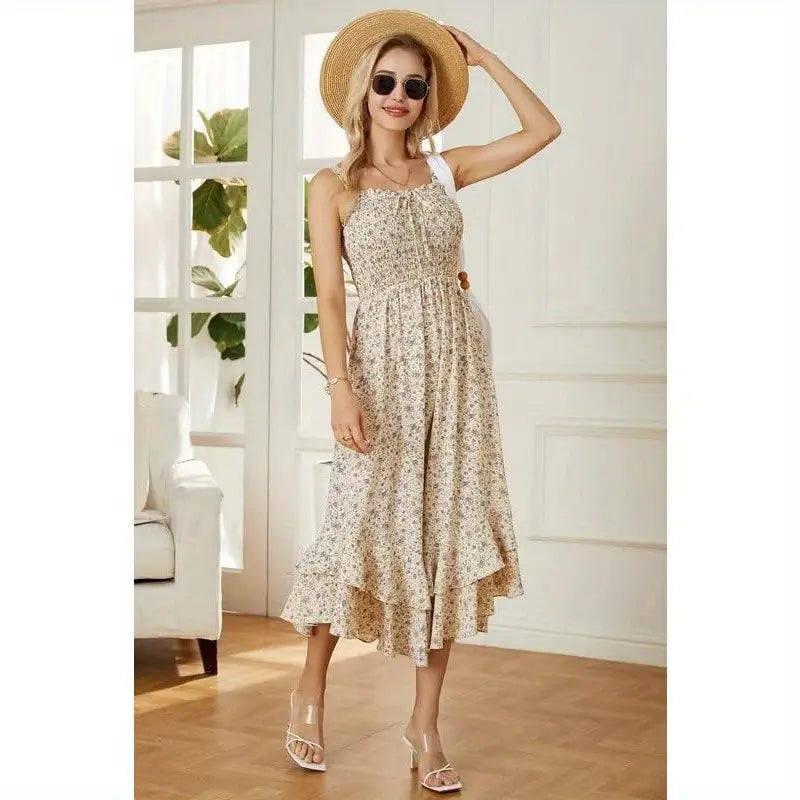 2025 Summer Floral Boho Dress Square Neck Strapped Swing A Line Sundress Beach Long Maxi Outfits