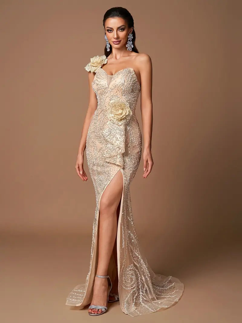 Elegant One-Shoulder Evening Gown with Hand-Embellished 3D Floral Detailing & Sequin Skirt - Long Sleeveless Formal Dress for Women, Fitted Mermaid Silhouette, Super Long Length, Hand Wash Only