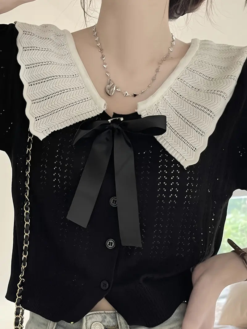 Women'S Sweet Style Crochet Cardigan Top with Ruffled Collar & Bow Detail - Black Short Sleeve Button-Up Blouse, Casual Summer Outfit, Non-Stretch Fabric, Regular Fit, Crochet Blouse