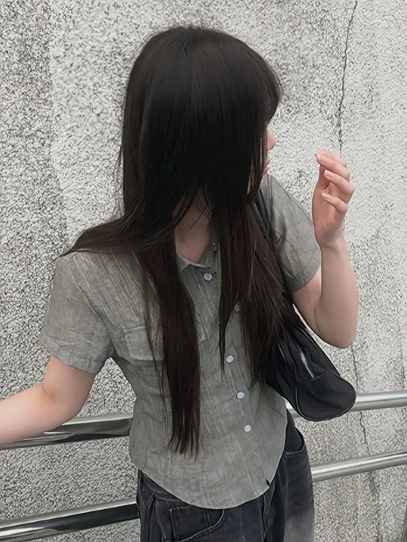 Women's Japanese Korean Style Shirt - Lightweight Button-Front Blouse, Non-See-Through Fabric for Office, Semi-Formal Events - Machine Washable Women's Tops (Spring/Summer Casual Shirt), Summer Fashion, Classic Collar Design, Easycare Clothing