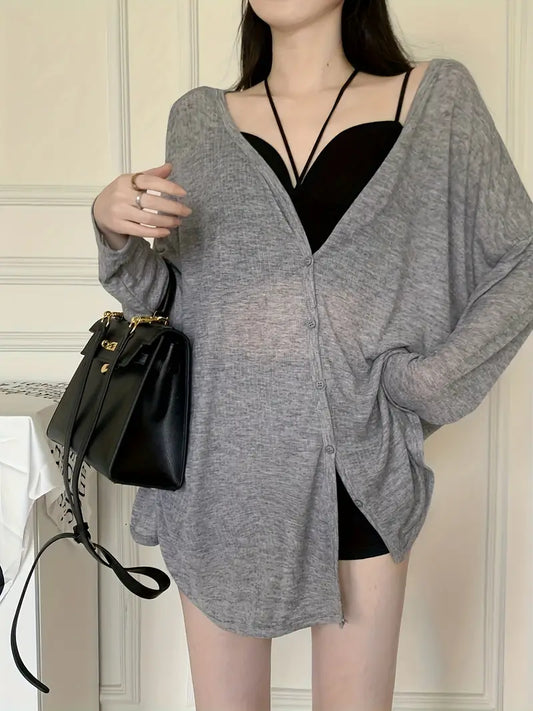 Women'S Lightweight Gray V-Neck Long Sleeve Cardigan - Soft Breathable Button-Up Cover-Up, Versatile Layering Piece for Spring Summer Fall, Casual Chic Solid Color Cardigan for Casual Attire & Seasonal Fashion
