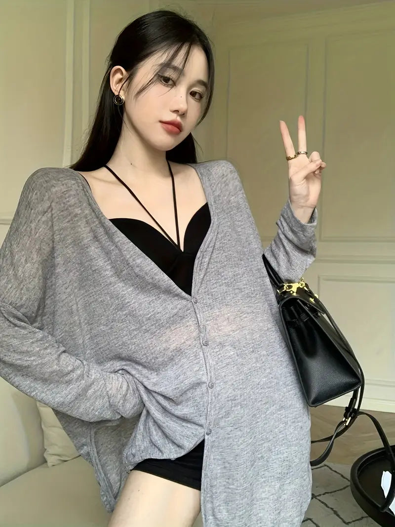 Women'S Lightweight Gray V-Neck Long Sleeve Cardigan - Soft Breathable Button-Up Cover-Up, Versatile Layering Piece for Spring Summer Fall, Casual Chic Solid Color Cardigan for Casual Attire & Seasonal Fashion