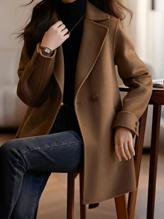 Women's 100% Wool Winter Coat - Handcrafted Double-Breasted Notch Lapel Trench Coat with Adjustable Waist Belt, H-Silhouette Regular Fit, Solid Color Elegant Office & Casual Outerwear