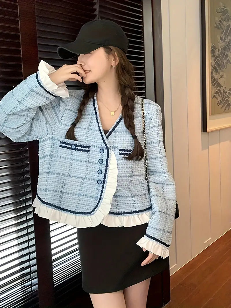 Chic Light Blue Tweed Blazer for Women - Stylish Short Jacket with Ruffle Trim, Button Front, Long Sleeves, and Round Collar - Perfect for Spring & Fall, Autumn Stylish Outfit | Princess Sleeve Jacket | Tailored Fit Blazer