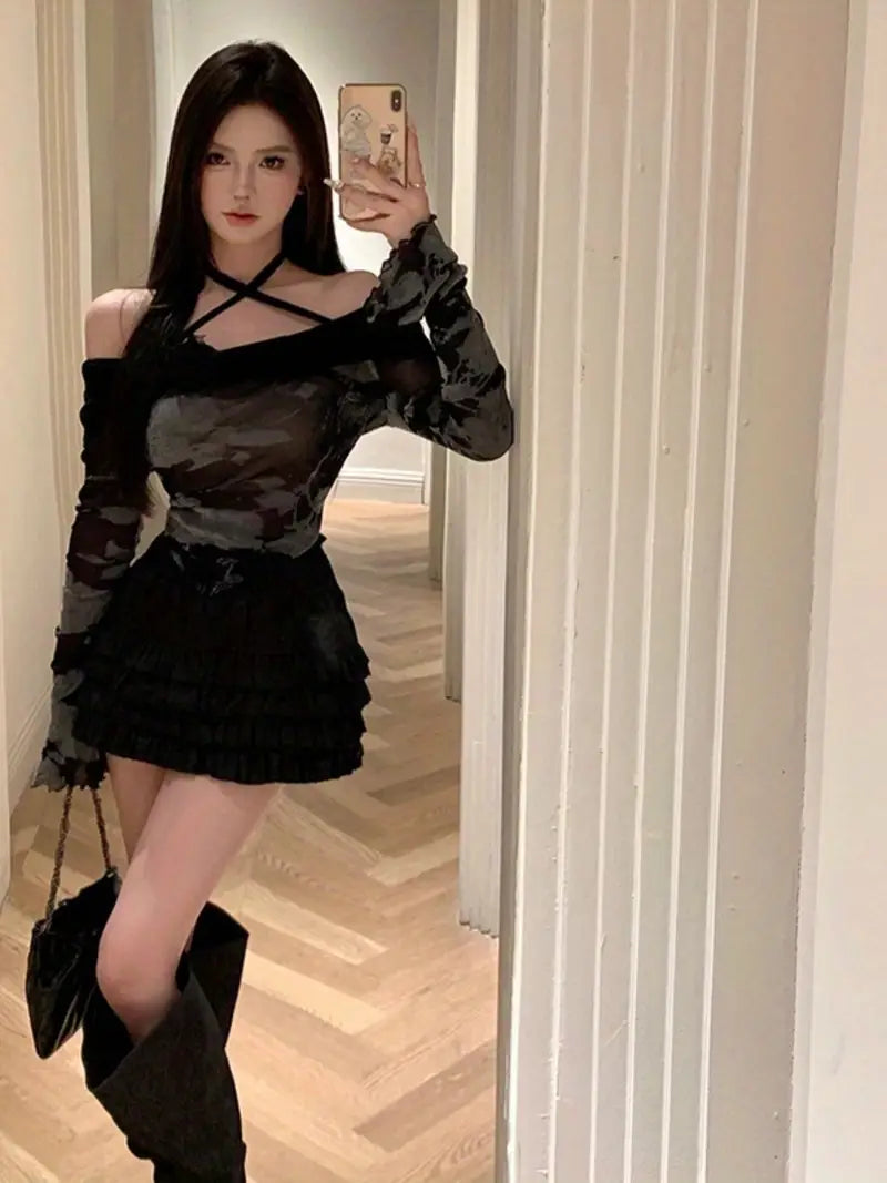 Women's Elegant Halter Neck Crop Top with Long Flared Sleeves - Contrast Color Fitted T-Shirt, Solid Color All-Season Machine Washable Blouse for Casual & Formal Outfits, Casual Chic Top | Flared Sleeve Blouse | Trendy Crop Top, Ladies Blouses