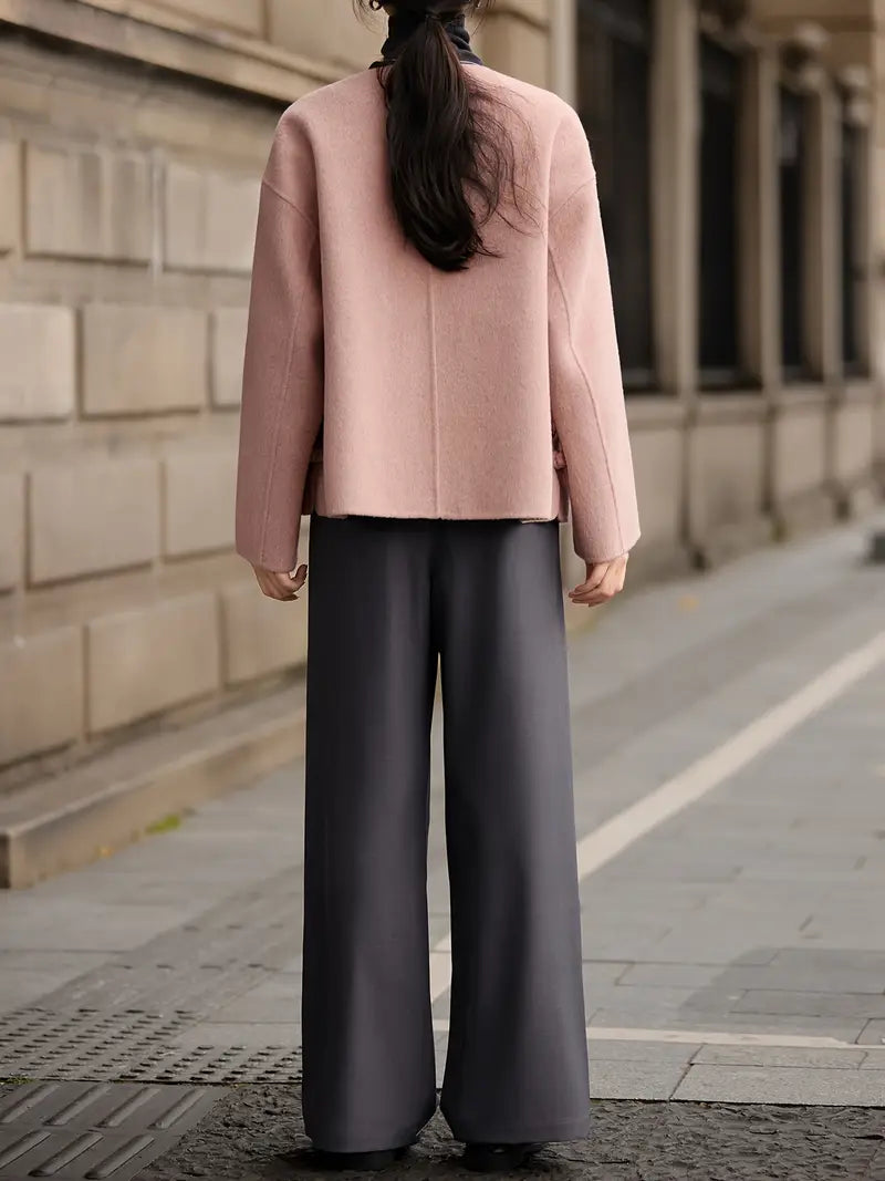 Tweed Coat - Classic Round Neck Short Parka with Button Detailing, H-Silhouette Regular Fit, Soft Pink Solid Color, Dry Clean Only, Winter Outerwear, Casual Chic Apparel, Wool Fabric Blazer, Tailored Craftsmanship