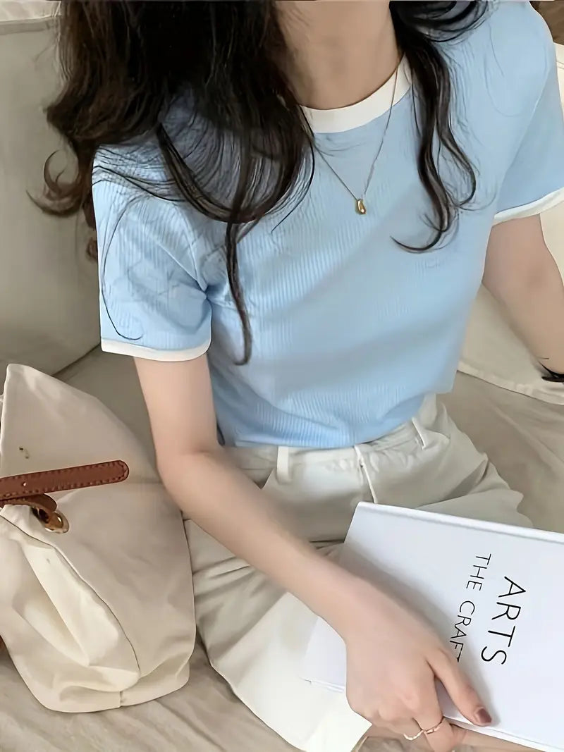 Women's Light Blue Casual Crew Neck Short Sleeve T-Shirt, 100% Polyester Knit Fabric with White Contrast Trim, Regular Fit Summer Top for Casual Attire