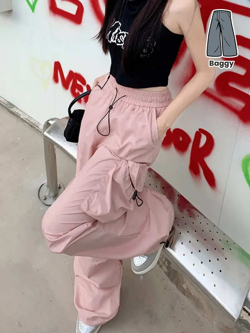 Y2K Pink Wide-Leg Cargo Pants - High-Waisted, Elastic Drawstring Waist with Adjustable Drawstring, Multiple Pockets, Streetwear Style, Perfect for Spring/Summer/Fall, Casual Wear Pants | Y2K Fashion | Elastic Waistband Pants