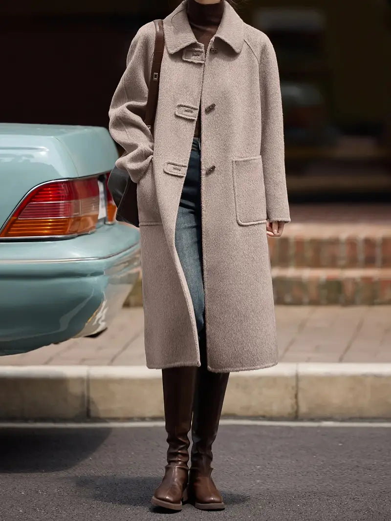 Women's Winter Tweed Coat - 100% Wool Handcrafted Dual-Sided Long Coat with Front Pockets, H-Silhouette Regular Fit for Professional & Casual Wear, Quality Tailoring