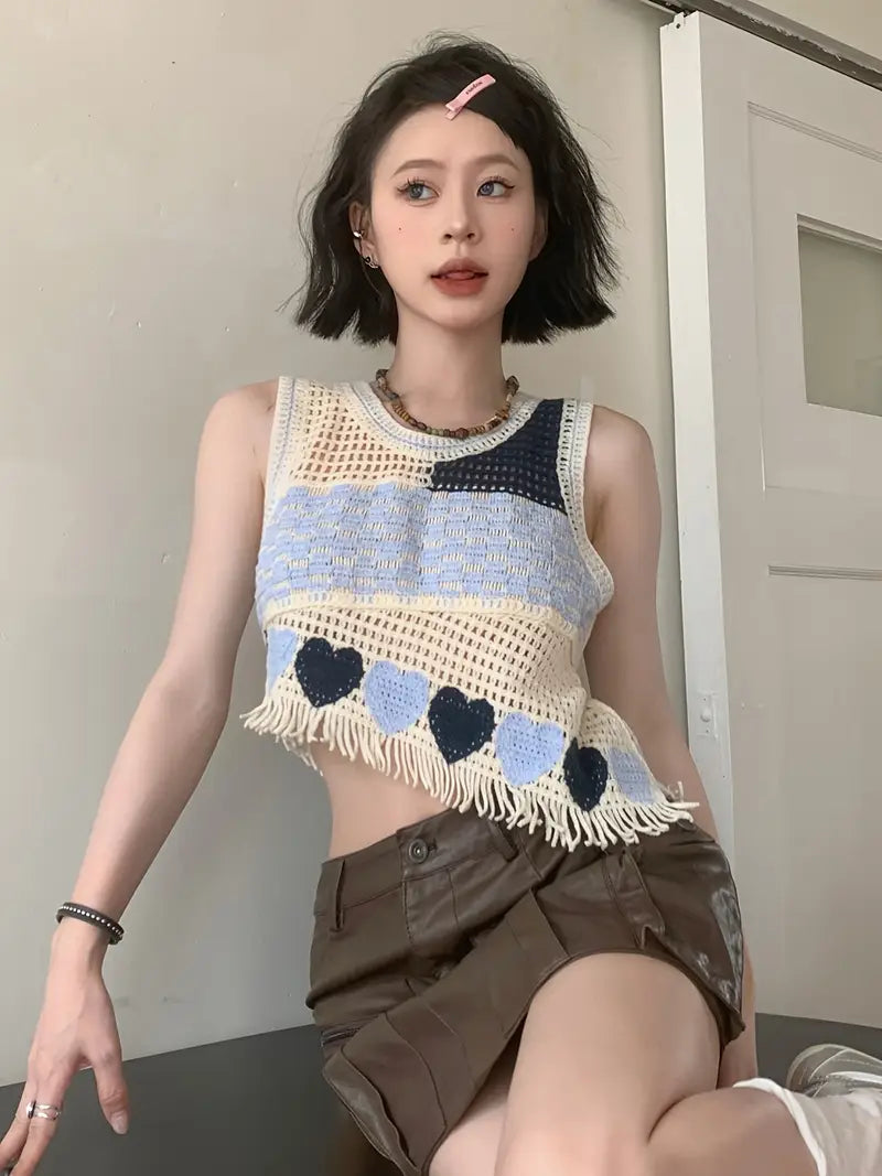 Womens Crochet Knit Vest Casual Sleeveless Round Neck Asymmetrical Tassel Hem Tank Tops Summer Shirts
