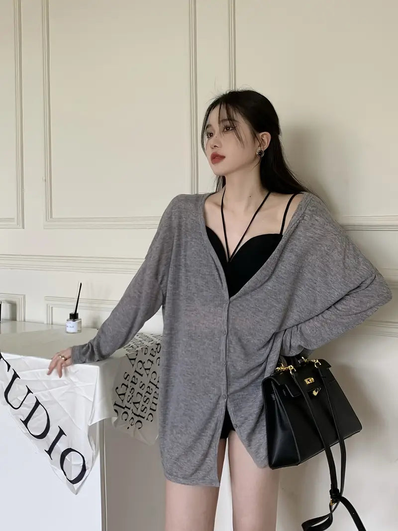 Women'S Lightweight Gray V-Neck Long Sleeve Cardigan - Soft Breathable Button-Up Cover-Up, Versatile Layering Piece for Spring Summer Fall, Casual Chic Solid Color Cardigan for Casual Attire & Seasonal Fashion