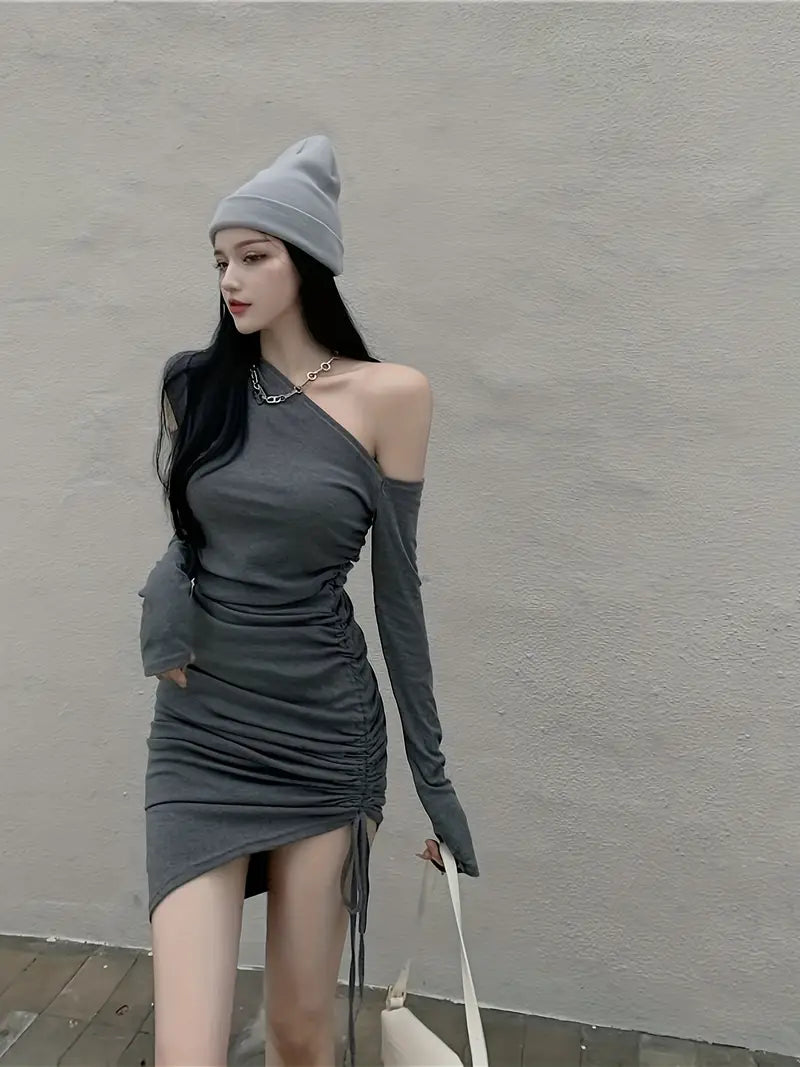 Women's Asymmetric One-Shoulder Bodycon Dress - Ruched Hem & Waistband, Stretchy Solid Color, Machine Washable Elegant All-Season Fit, Casual Chic Attire, Ruched Detailing