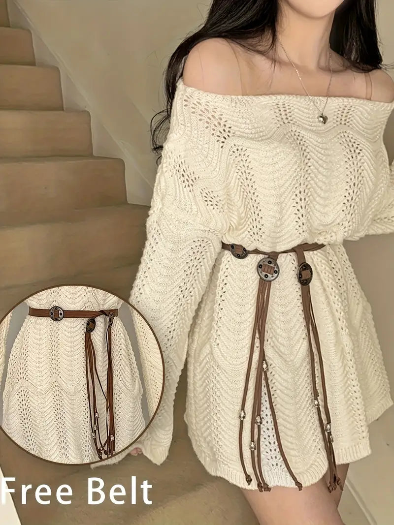 Asymmetrical Shoulder Design Dress with Belt, Loose Fit Versatile Skirt for Women