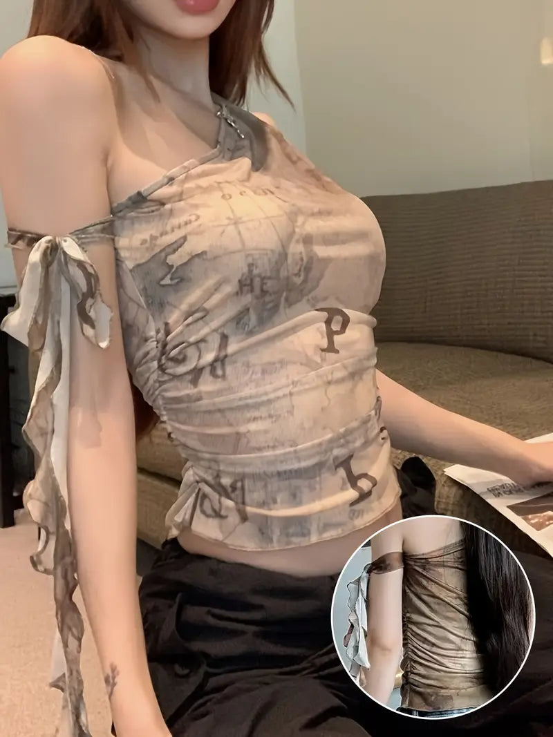 Women's One Shoulder Tank Tops Graffiti Print Sleeveless Strappy Ruched Vest Streetwear