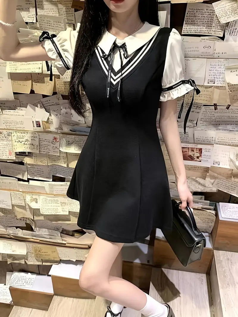 Women's One-Piece Fake Two-Piece dress - Preppy Chic with Adjustable Collar & Cuffs, Flattering A-Line Mini Skirt, Black & White colorblock Outfit for Office