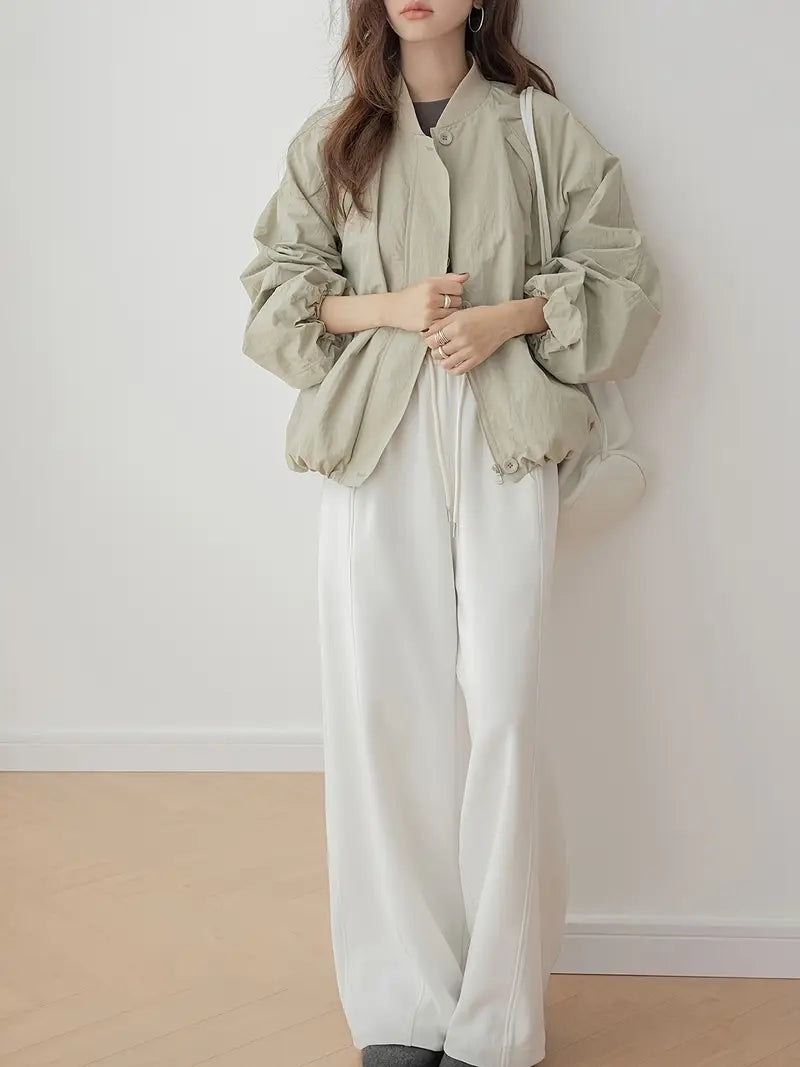 Floral Lantern Sleeve Loose Fit Baseball Jacket Casual Sport Short Coat