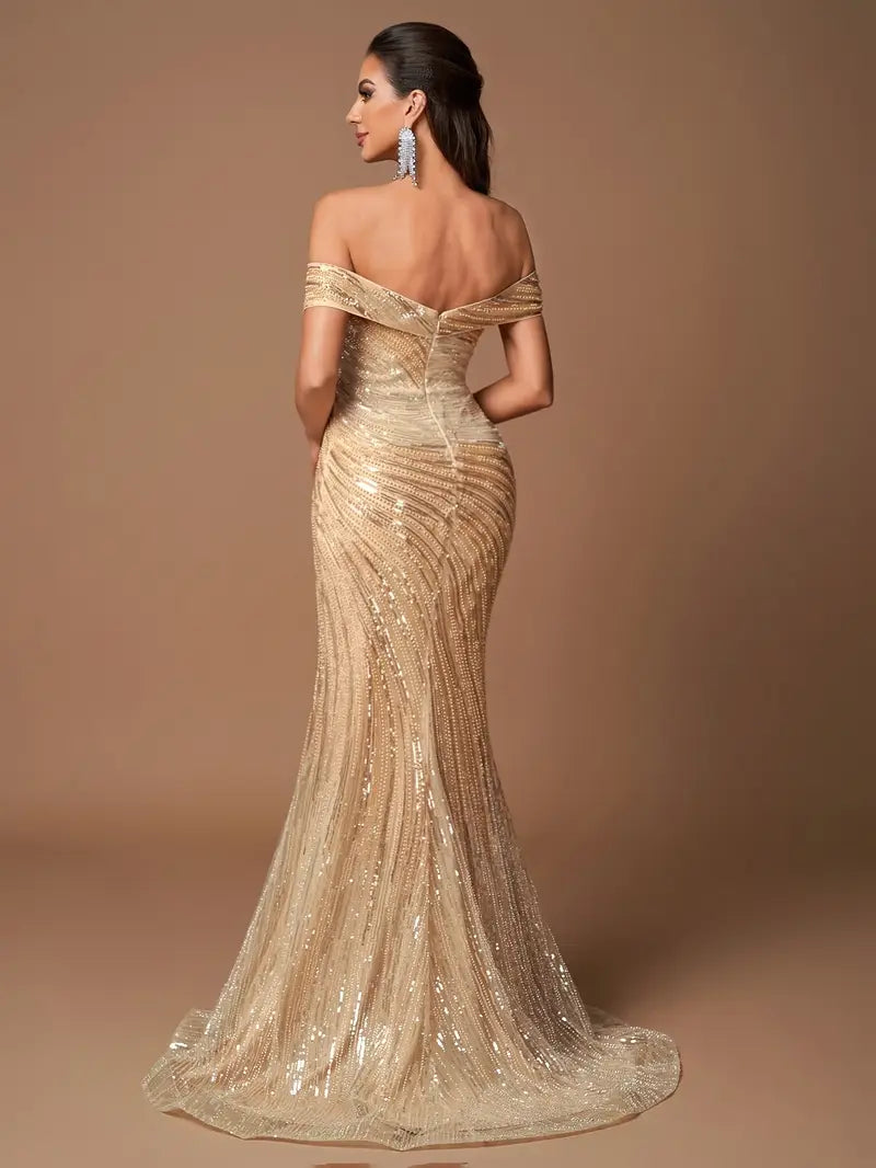 Elegant Off-Shoulder Sequin Gown - Golden, Floor-Length, Sleeveless, Fitted, High-Slit Design with Contrast Detail, Perfect for Adult Evening Events, Formal Attire|Sequin Embellished Dress|Sleek Fit, Dress