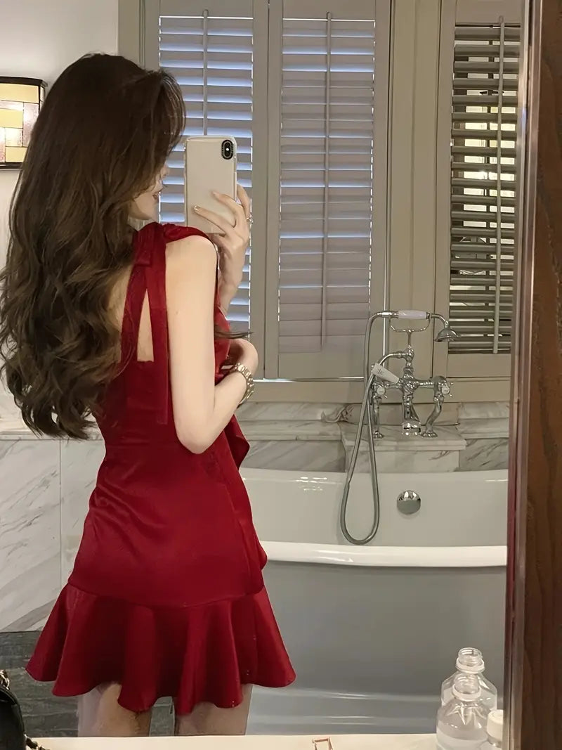 Women'S Red Off-Shoulder Ruffled Mini Dress - Sexy Backless Summer Beach Dress with Tie Waist, Lightweight Polyester for Vacation & Casual Outings, Beach Dress