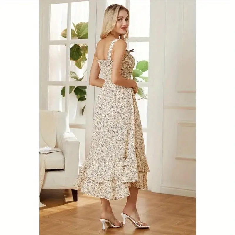 2025 Summer Floral Boho Dress Square Neck Strapped Swing A Line Sundress Beach Long Maxi Outfits