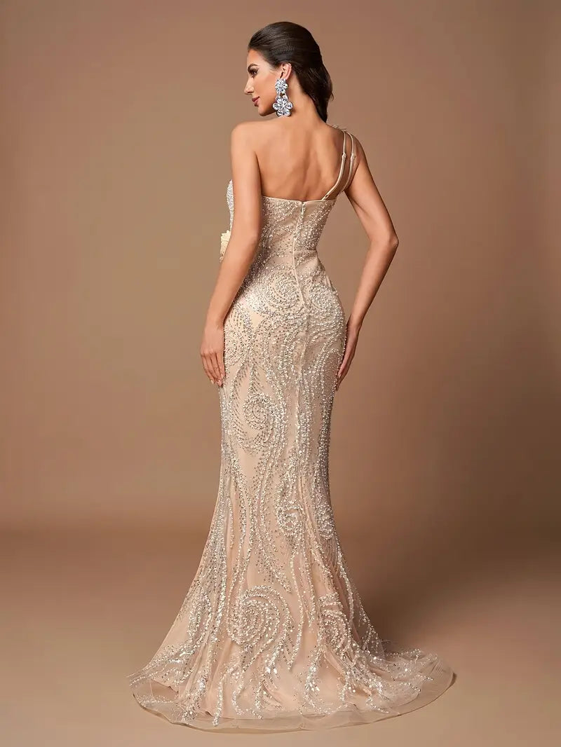 Elegant One-Shoulder Evening Gown with Hand-Embellished 3D Floral Detailing & Sequin Skirt - Long Sleeveless Formal Dress for Women, Fitted Mermaid Silhouette, Super Long Length, Hand Wash Only