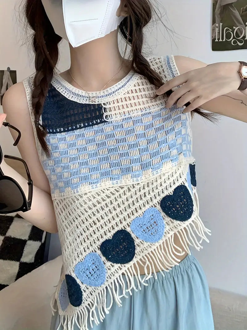 Womens Crochet Knit Vest Casual Sleeveless Round Neck Asymmetrical Tassel Hem Tank Tops Summer Shirts