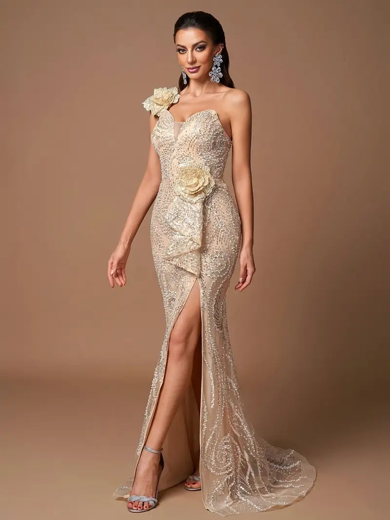 Elegant One-Shoulder Evening Gown with Hand-Embellished 3D Floral Detailing & Sequin Skirt - Long Sleeveless Formal Dress for Women, Fitted Mermaid Silhouette, Super Long Length, Hand Wash Only