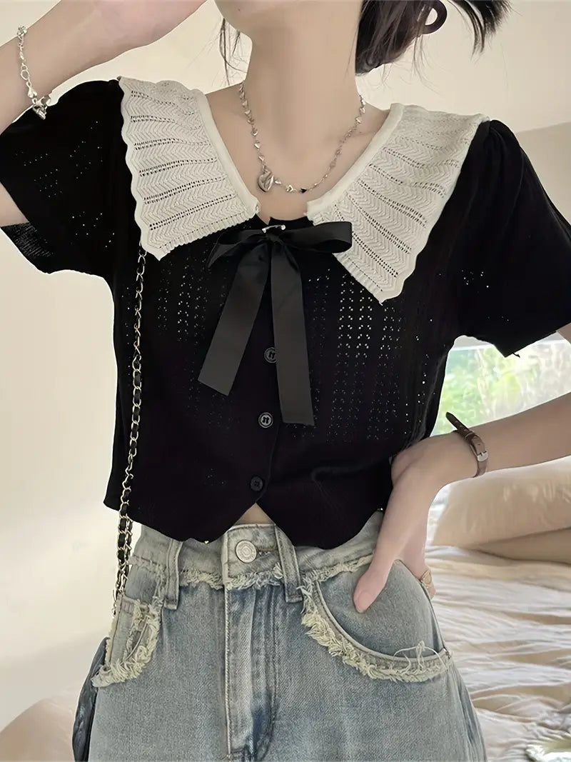 Women'S Sweet Style Crochet Cardigan Top with Ruffled Collar & Bow Detail - Black Short Sleeve Button-Up Blouse, Casual Summer Outfit, Non-Stretch Fabric, Regular Fit, Crochet Blouse