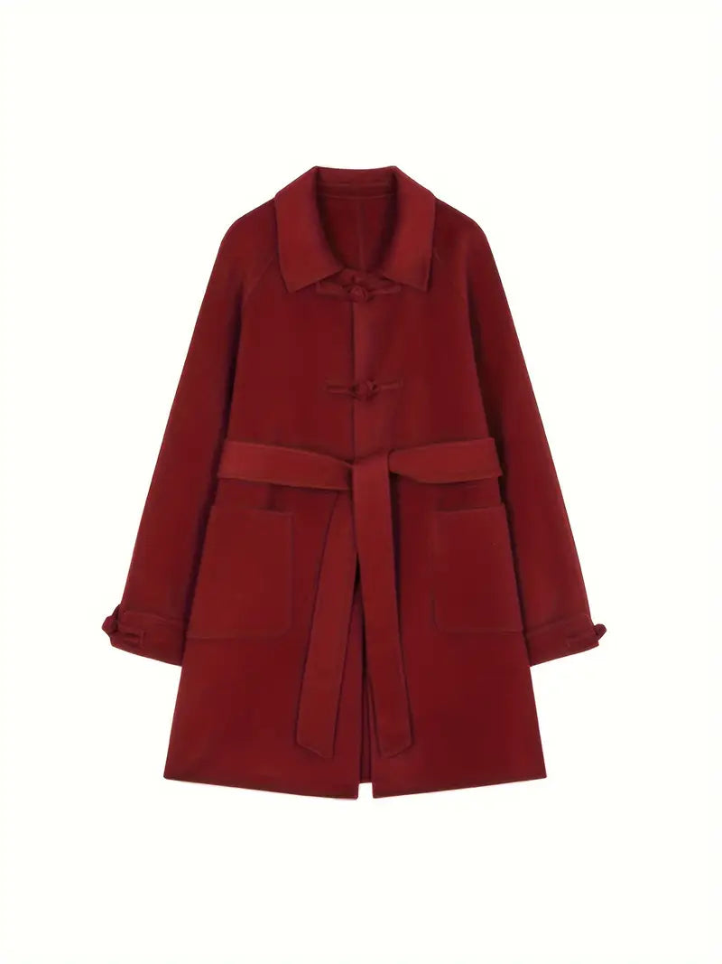 Wool Red Double-Faced Coat - Stylish Belted Woolen Winter Coat for Women, Winter Outerwear | Stylish Red Coat | Belted Coat