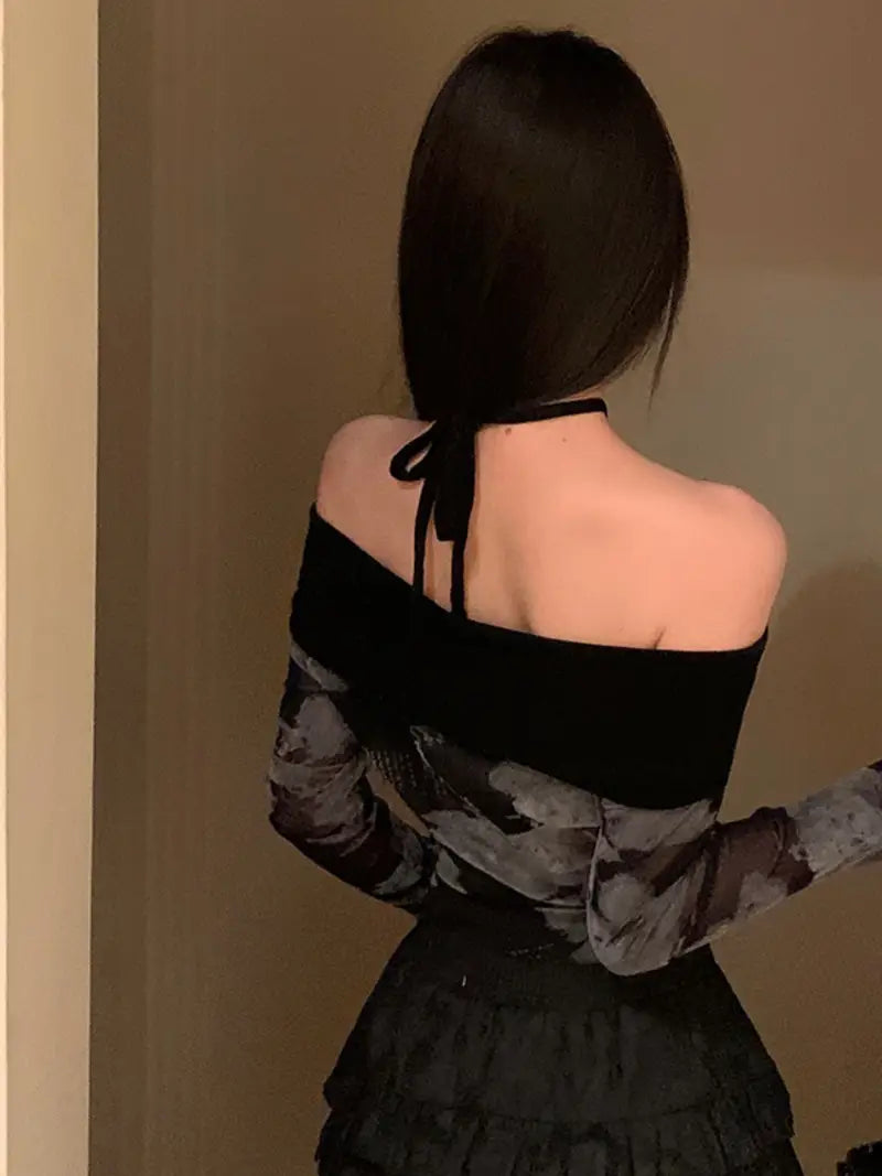 Women's Elegant Halter Neck Crop Top with Long Flared Sleeves - Contrast Color Fitted T-Shirt, Solid Color All-Season Machine Washable Blouse for Casual & Formal Outfits, Casual Chic Top | Flared Sleeve Blouse | Trendy Crop Top, Ladies Blouses