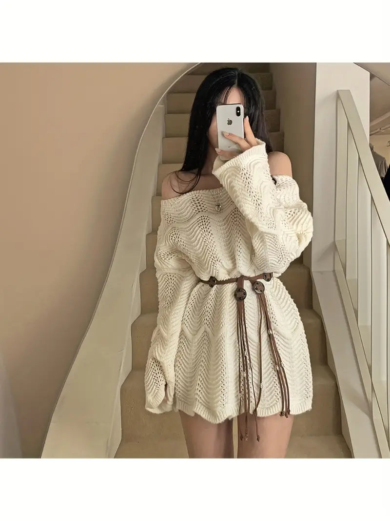 Asymmetrical Shoulder Design Dress with Belt, Loose Fit Versatile Skirt for Women