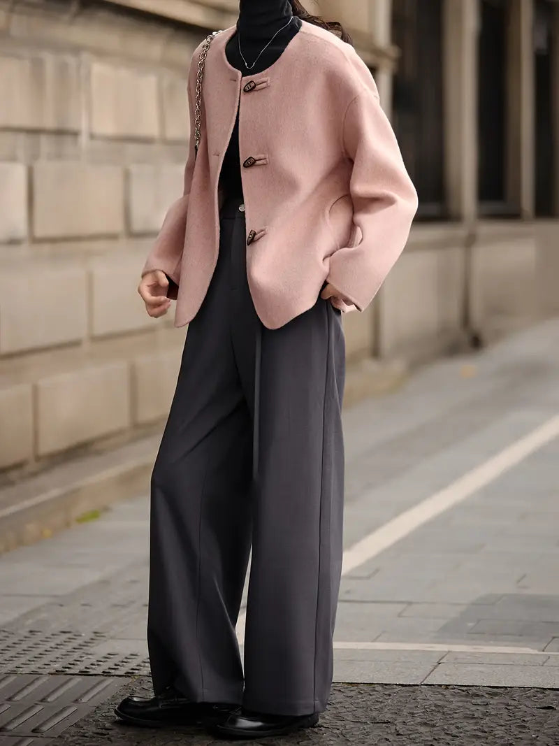 Tweed Coat - Classic Round Neck Short Parka with Button Detailing, H-Silhouette Regular Fit, Soft Pink Solid Color, Dry Clean Only, Winter Outerwear, Casual Chic Apparel, Wool Fabric Blazer, Tailored Craftsmanship