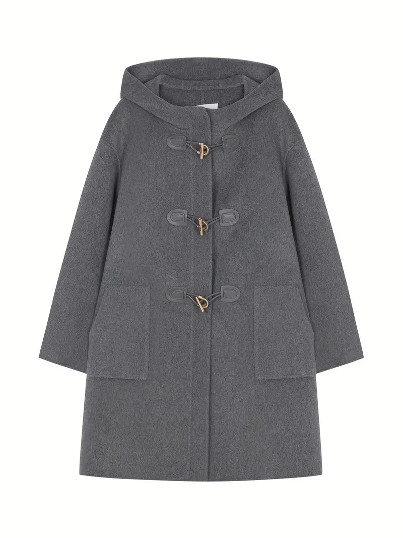 Winter Tweed Coat - Middle Eastern-Inspired Hooded Dual-Sided Breasted Wide H-Line Cut, Mid-Length Fall Shoulder Sleeves, Solid Color Elegant Special Collection Coat for Cold Weather, Stylish Streetwear, Quality Tailoring, No Stretch Fabric