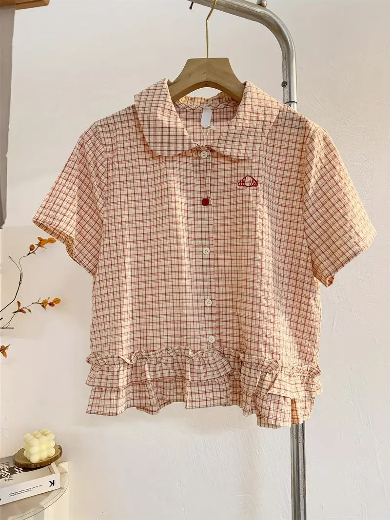 Elegant Women's Red Plaid Short Sleeve Blouse | Loose Fit Button-Up Shirt with Ruffled Hem - Casual Summer Top