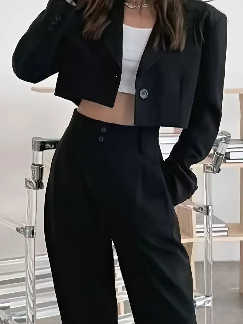 Women's Slim-Fit Short Blazer - Black Casual Chic Single-Breasted Lapel Collar Long Sleeve Office Jacket, Lightweight Spring Summer Versatile Workwear for Professional & Social Occasions