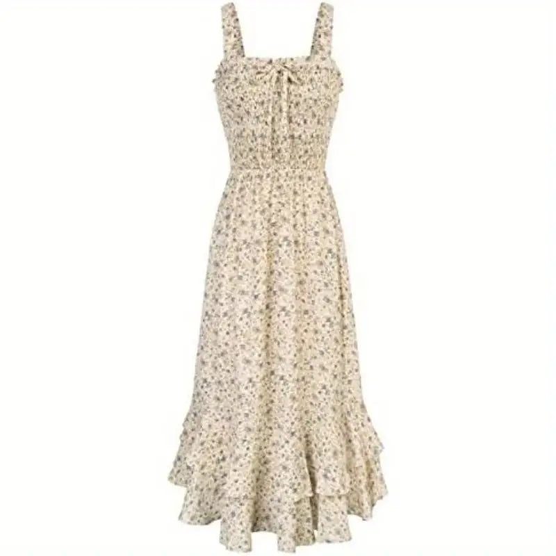 2025 Summer Floral Boho Dress Square Neck Strapped Swing A Line Sundress Beach Long Maxi Outfits