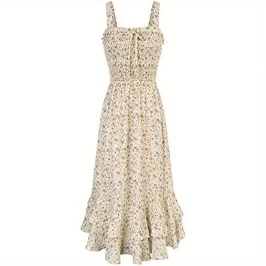 2025 Summer Floral Boho Dress Square Neck Strapped Swing A Line Sundress Beach Long Maxi Outfits