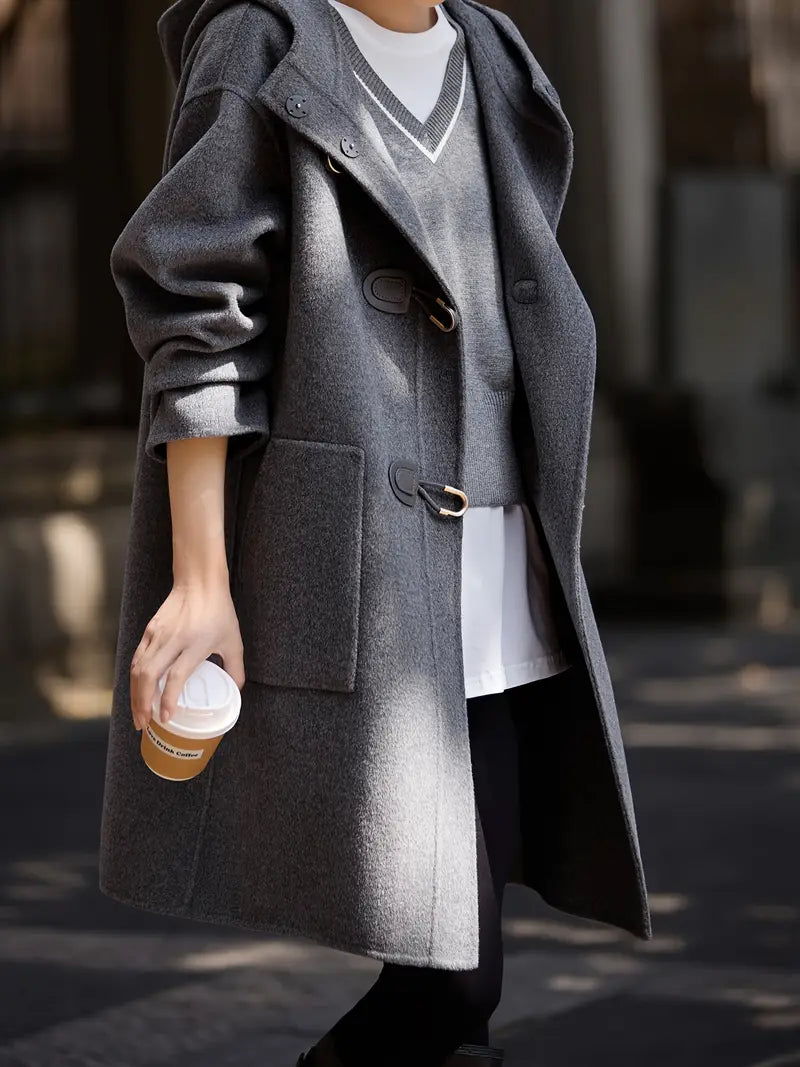 Winter Tweed Coat - Middle Eastern-Inspired Hooded Dual-Sided Breasted Wide H-Line Cut, Mid-Length Fall Shoulder Sleeves, Solid Color Elegant Special Collection Coat for Cold Weather, Stylish Streetwear, Quality Tailoring, No Stretch Fabric