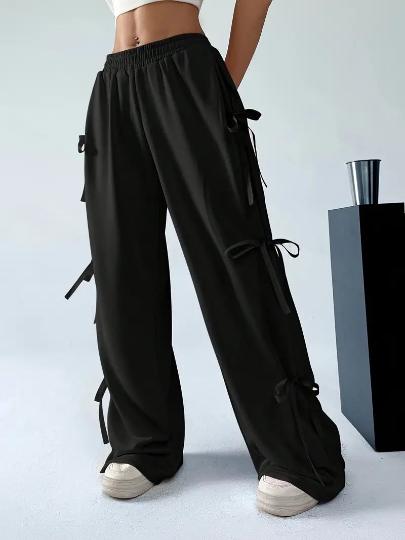 Elegant Women's Solid Color Jogger Pants | Wide-Leg, Machine-Washable, Casual Athletic Lounge Pants with Bow Accents, Side Pockets, Drawstring Waist, Quality Stitching