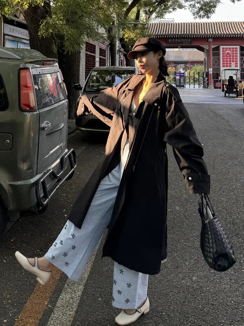 Women's British-Inspired Long Trench Coat with Classic Collar & Adjustable Waist Tie Belt - Loose Fit Fall Outerwear, Zipper Closure, Machine Washable Solid Color Casual Coat