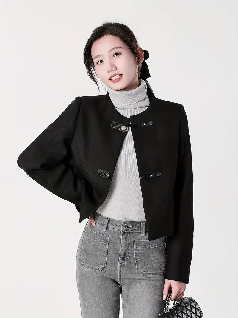 Women's Cashmere-Infused Elegant Black Coat - Tailored Winter Jacket with Structured Shoulders, Dry Clean Only, Solid Color Design for Fall & Winter, Casual Chic Outerwear