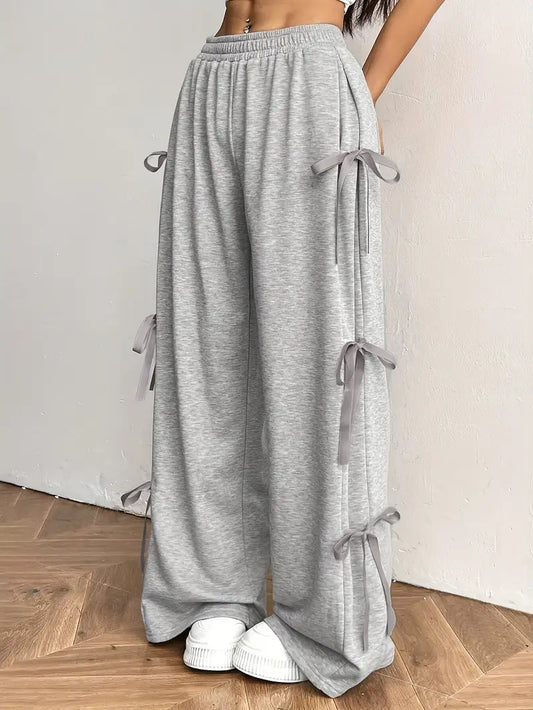 Elegant Women's Solid Color Jogger Pants | Wide-Leg, Machine-Washable, Casual Athletic Lounge Pants with Bow Accents, Side Pockets, Drawstring Waist, Quality Stitching