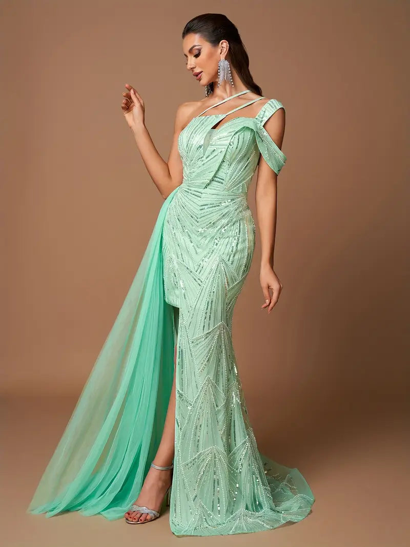 Elegant Mint Green Sequin Mermaid Gown with High Slit - Long Sleeve, Asymmetrical Neckline, Floor-Length Evening Dress for Women, Perfect for Parties and Formal Events, Formal Evening Gown