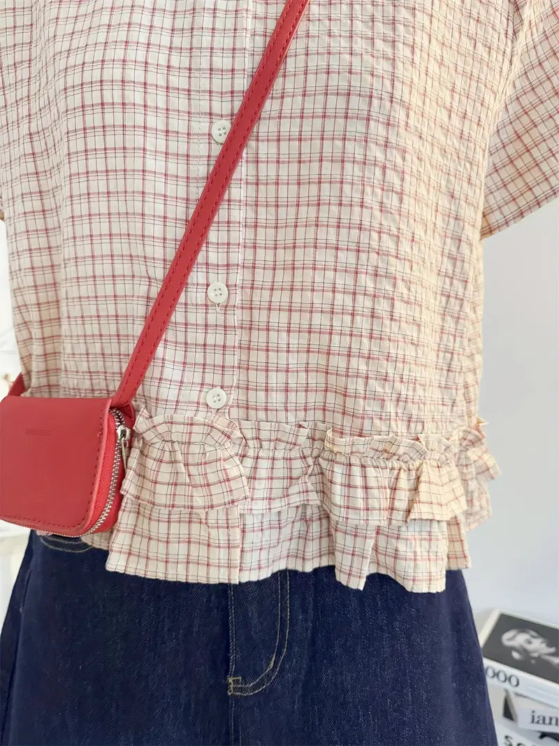 Elegant Women's Red Plaid Short Sleeve Blouse | Loose Fit Button-Up Shirt with Ruffled Hem - Casual Summer Top