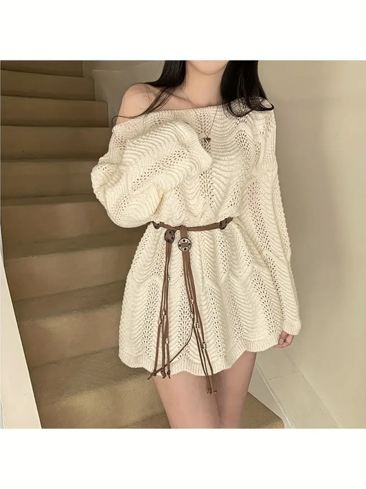 Asymmetrical Shoulder Design Dress with Belt, Loose Fit Versatile Skirt for Women