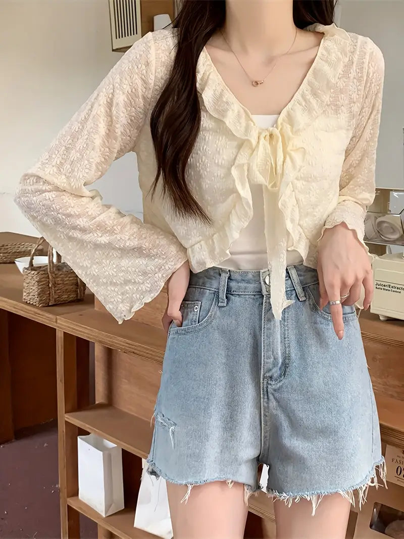 Lightweight Breathable Solid Color Shawl Short Lace Cardigan | Women's Top with Tie and Ruffle Design, Perfect for Spring/Summer Outings or Casual Wear